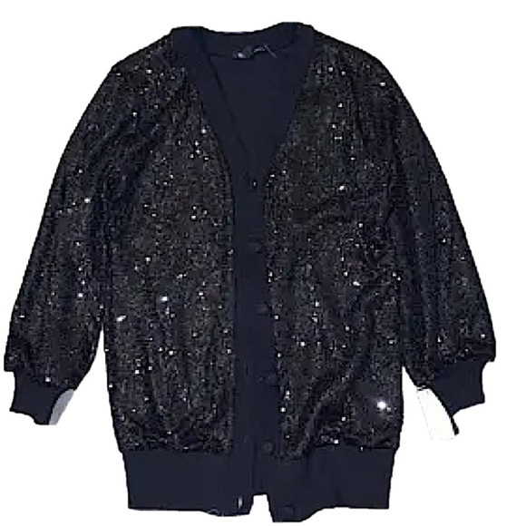 VARSITY Black Sequin Sweater Cardigan Sweater Knit Covered Buttons Relaxed Fit - Picture 1 of 15